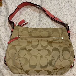 Coach Vintage Signature Shoulder Bag, Tan/Salmon Straps, Silver Metal